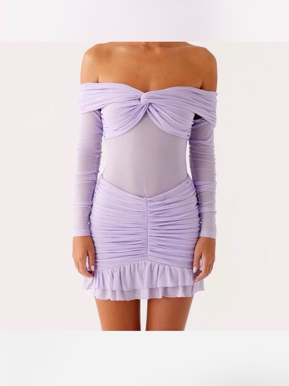 Peppermayo Lilac Off-Shoulder Ruched Long Sleeve Mini Dress - Picture 1 of 5